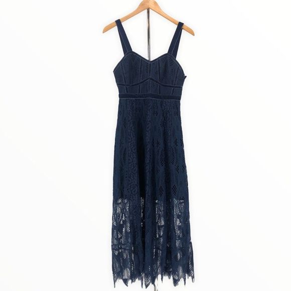 Foxiedox Blue Maisie Lace Velvet Trim Midi Dress Sheer Overlay Sleeveless size 2 - Picture 3 of 14